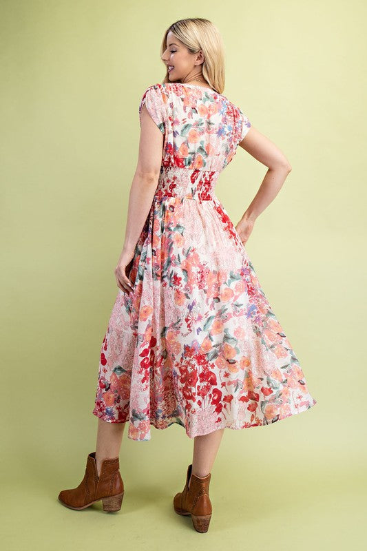 Ruth Cap Sleeve Floral Print Zip Up Midi Dress Fuchsia