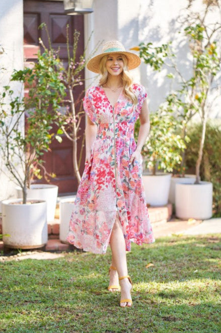 Ruth Cap Sleeve Floral Print Zip Up Midi Dress Fuchsia