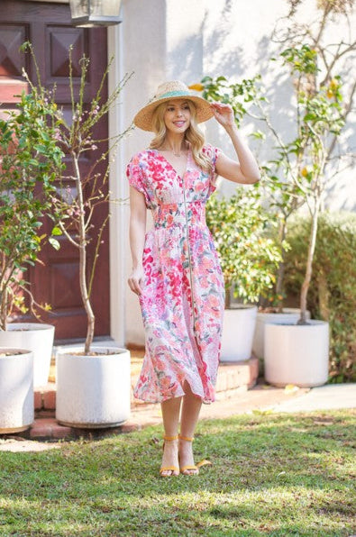 Ruth Cap Sleeve Floral Print Zip Up Midi Dress Fuchsia