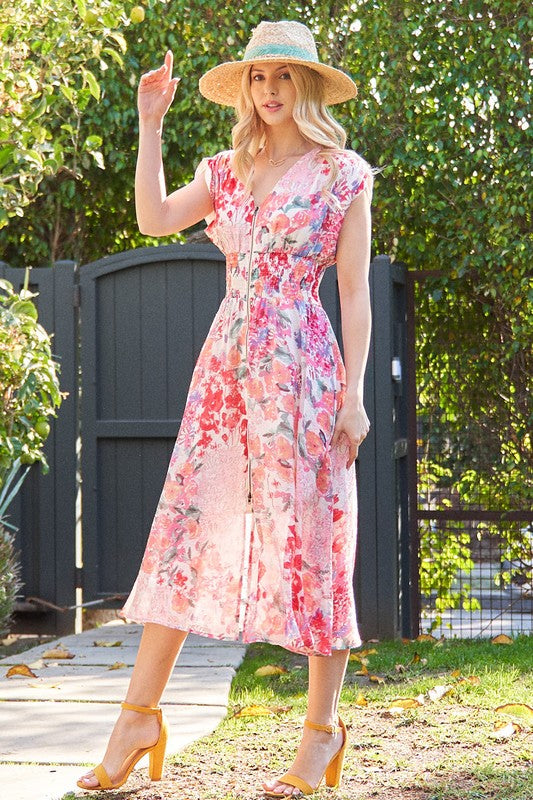 Ruth Cap Sleeve Floral Print Zip Up Midi Dress Fuchsia