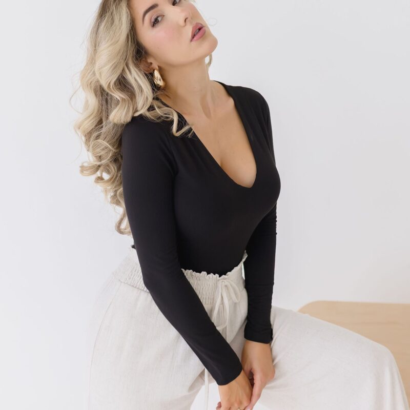 Alina Long Sleeve V Neck Double Layer Bodysuit Black