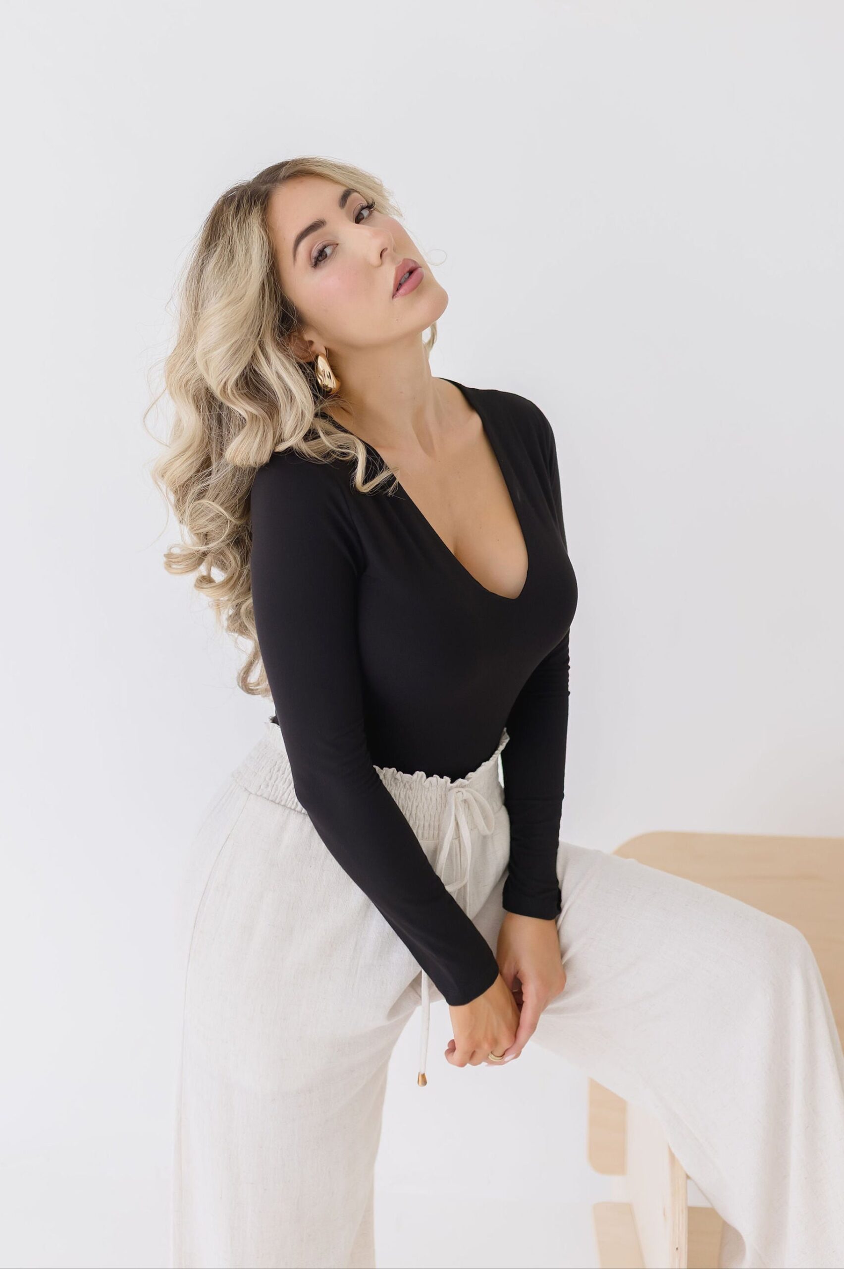 Alina Long Sleeve V Neck Double Layer Bodysuit Black