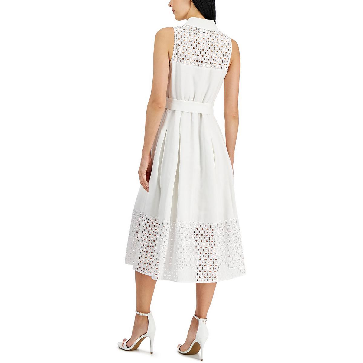 Anne Klein Womens Linen Blend Eyelet Midi Dress